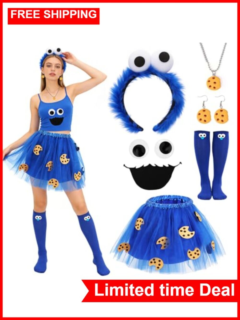 Cookie Monster Costume Set Tutu Headband Earrings Necklace
